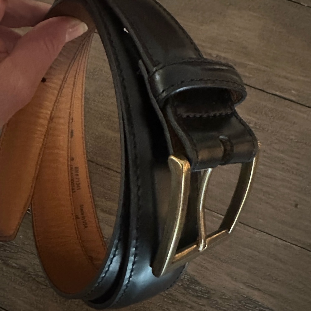 LLBean Men's Classic Black Leather Belt with Brass Buckle